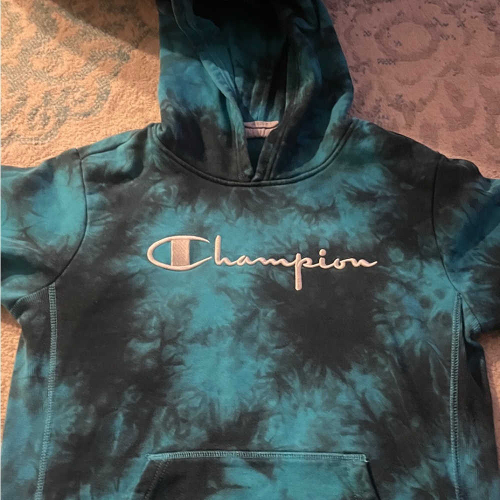 Champion Blue Hoodie Sweatshirt with Unique Tie-Dye Design